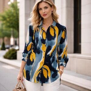 Chico's No-Iron Button Down Tunic Top 3 US 16 XL Blue Yellow Watercolor Stretch